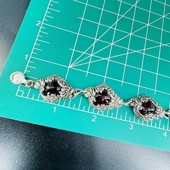 Amber Cabochon Textured Designed Link Bracelet Magnetic Clasp Over Silver Plated - Picture 10 of 10